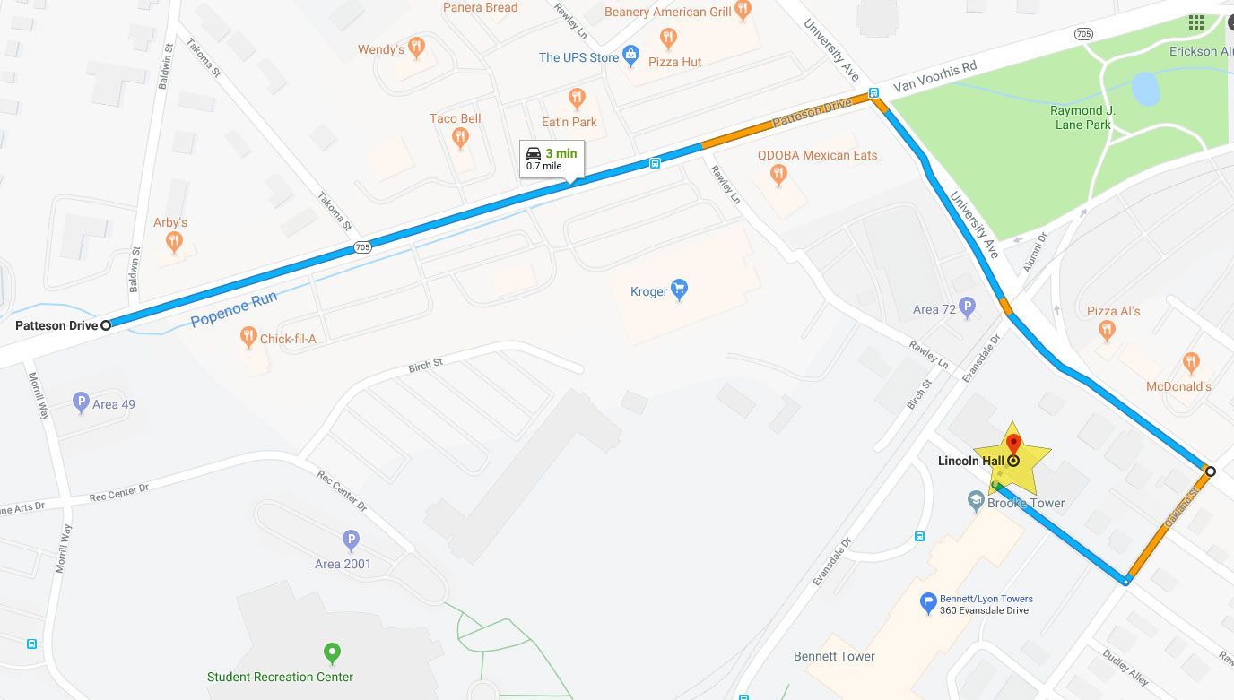Map of how to get to Lincoln Hall. Starting from Patteson Drive, turn right onto University Ave and make another right on Oakland Street. Make a right again on Rawley Avenue and then follow directions of staff. 