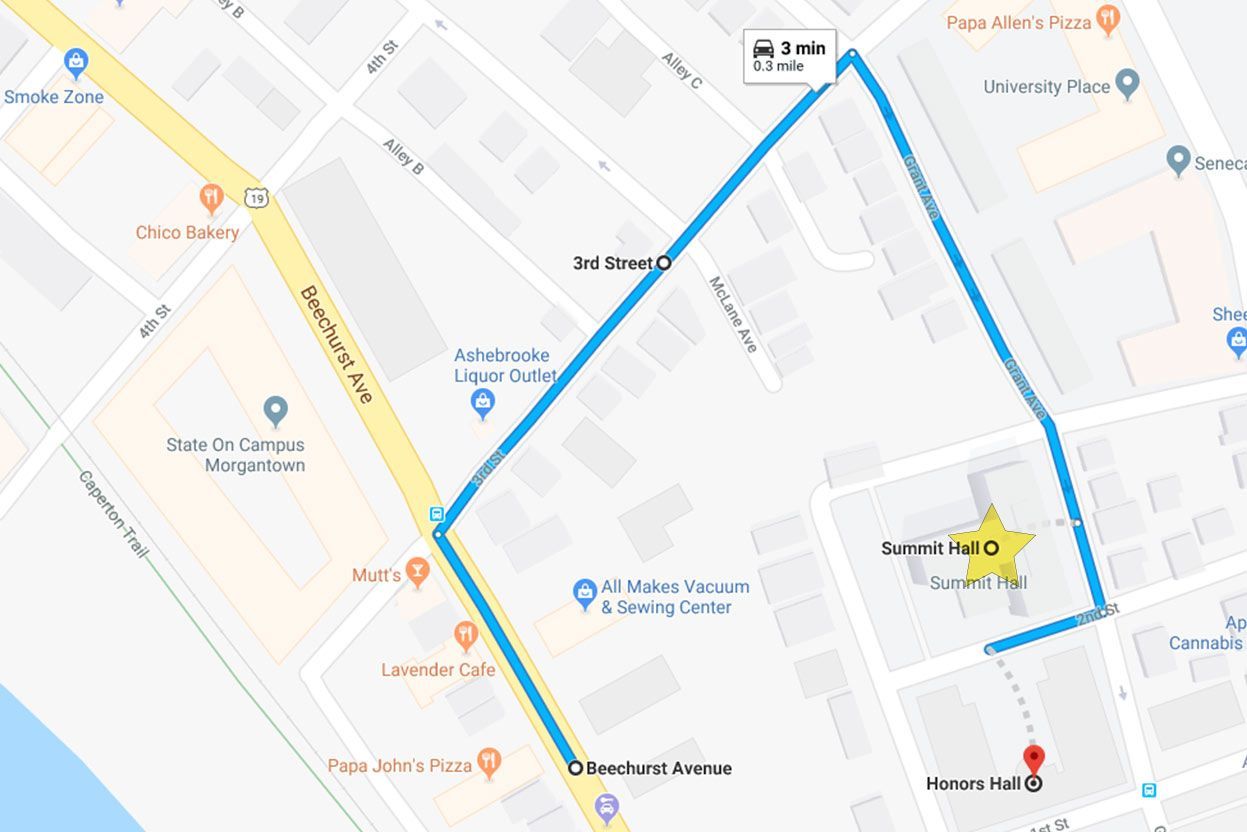 To go to Summit Hall, start from Beechurst Ave, turn into 3rd Street then turn right to Grant Ave and turn right again to 2nd Ave. From there follow directions from staff.