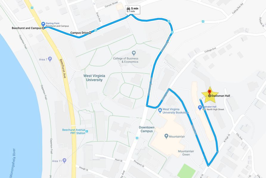 Boreman North map, starting from Campus Drive from Beechurst Ave then turning onto University Ave and then Maiden Lane to go to Dadisman following staff directions.
